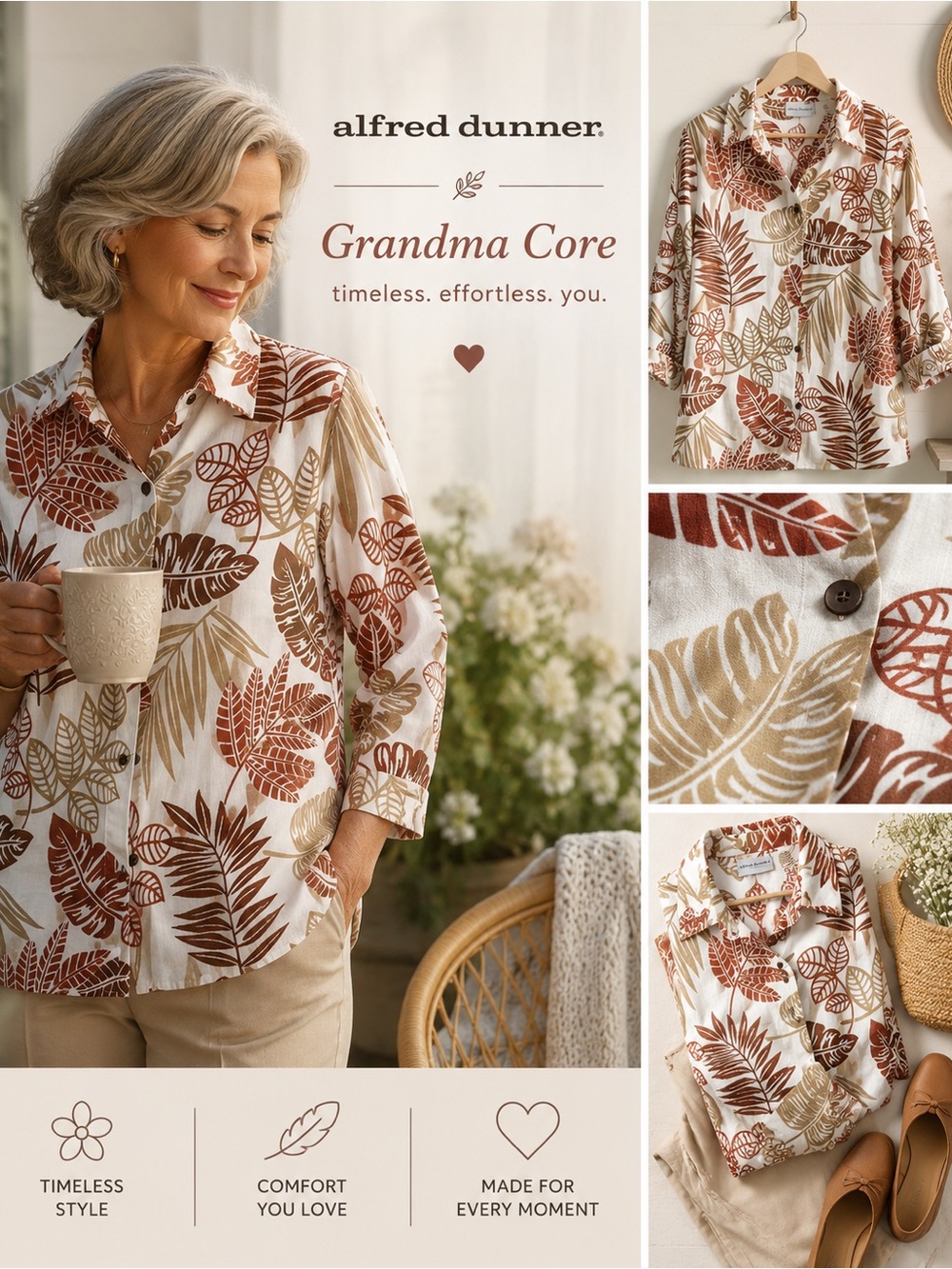 Alfred Dunner Cream Button-Up Shirt with Rust & Tan Leaf Print‎ size 14